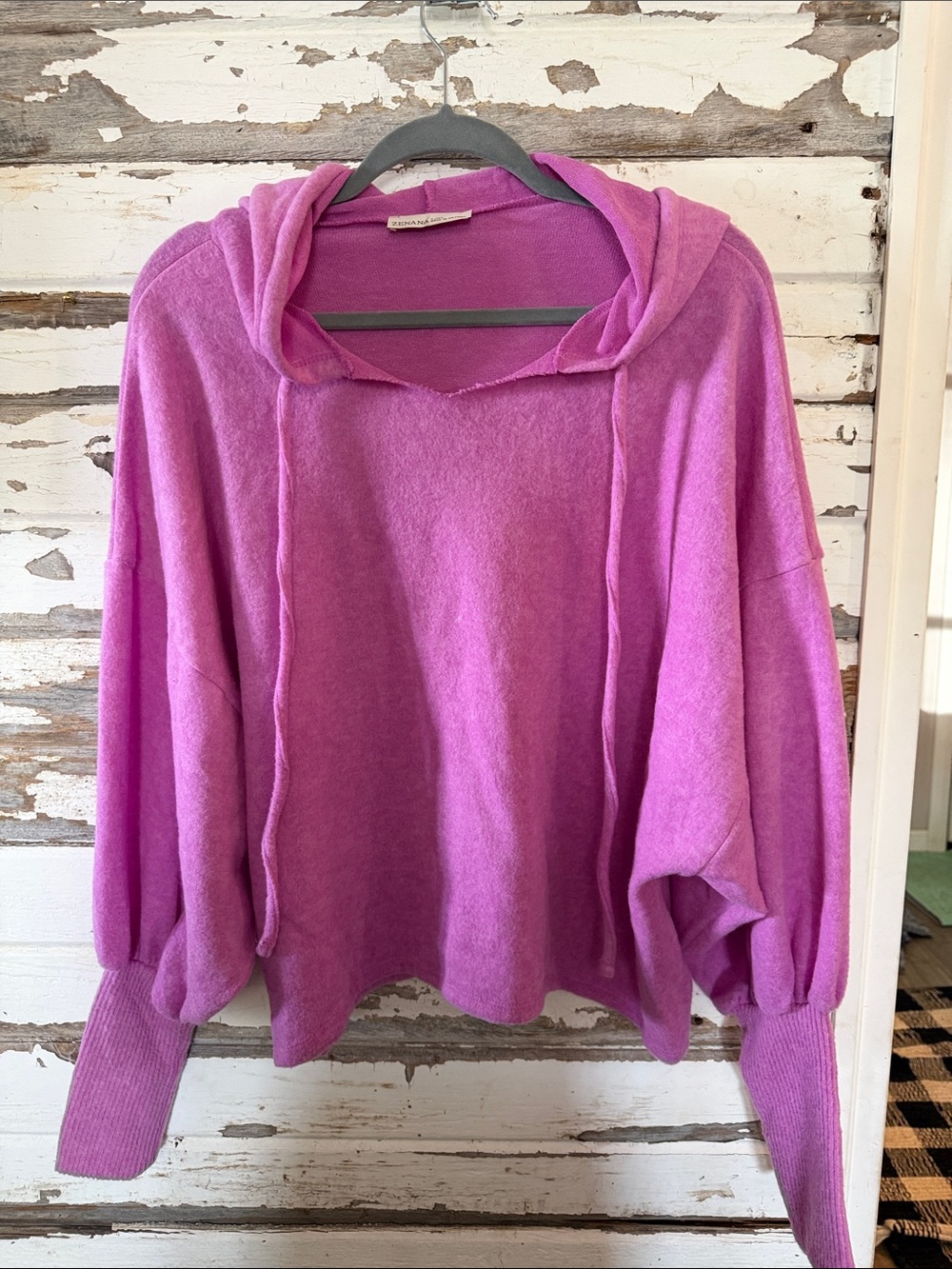 Zenana Outfitters Magenta Hooded Balloon-Sleeve Sweater